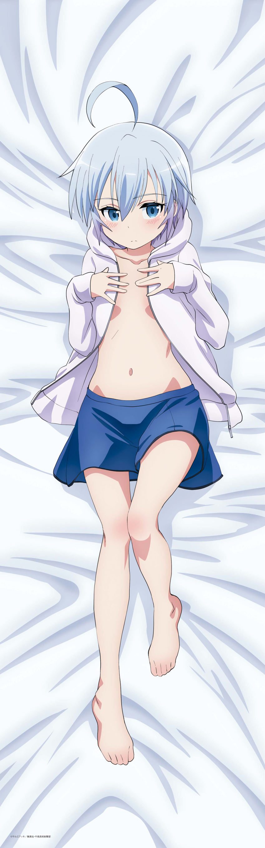 1girl absurdres ahoge bare_legs barefoot bed_sheet blue_eyes blue_skirt blush collarbone dakimakura flat_chest full_body hands_on_own_chest highres hood hooded_jacket igarashi_yukio jacket light_blue_hair looking_at_viewer lying mukaigawara_ken navel on_back on_bed open_clothes open_jacket rifle_is_beautiful short_hair skirt sleeves_past_wrists solo white_jacket