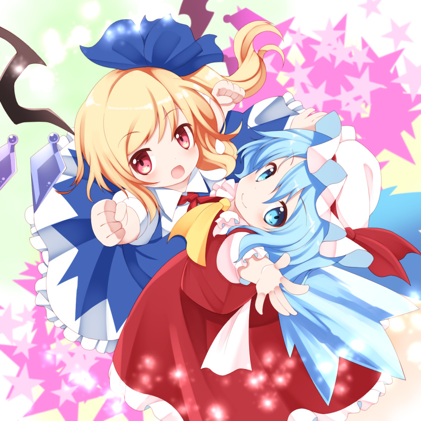 2girls :o alternate_costume arms_up blonde_hair blue_dress blue_eyes cirno clenched_hands commentary_request cosplay costume_switch cravat dress eyebrows_visible_through_hair flandre_scarlet from_above gradient gradient_background green_background hair_between_eyes hair_ribbon hat head_tilt highres leaning_back light_particles mob_cap multiple_girls one_side_up open_mouth pinafore_dress puffy_short_sleeves puffy_sleeves red_eyes red_neckwear red_skirt red_vest ribbon satoru_(enheionline) shirt short_hair short_sleeves skirt smile star starry_background touhou vest white_shirt wings yellow_neckwear
