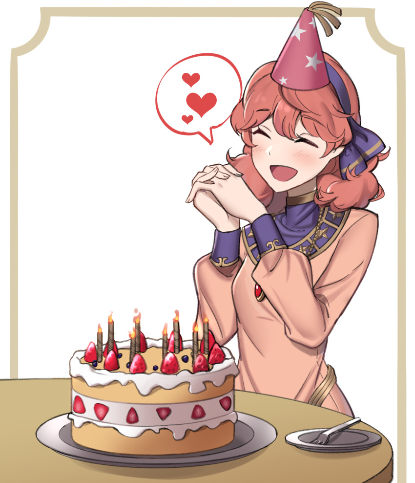 1girl birthday_cake blush border breasts cake candle closed_eyes dress ebinku eyebrows_visible_through_hair fire_emblem fire_emblem_echoes:_shadows_of_valentia food fork fruit genny_(fire_emblem) hairband hands_clasped hands_together hat heart highres jewelry long_sleeves medium_hair necklace open_mouth own_hands_together party_hat pendant pink_dress pink_hair plate simple_background small_breasts smile solo spoken_heart strawberry table white_background