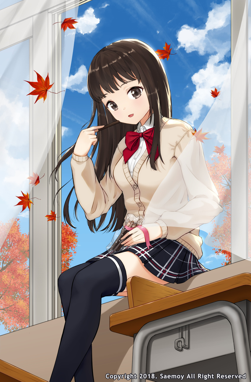 1girl 2018 absurdres artist_name autumn_leaves bangs black_legwear black_skirt blue_sky bow breasts brown_eyes brown_hair cardigan chair clouds collared_shirt commentary curtains day desk feet_out_of_frame food from_below highres indoors leaf long_hair long_sleeves looking_at_viewer maple_leaf medium_breasts miniskirt open_mouth open_window original plaid plaid_skirt pocky red_neckwear saemoy school_chair school_desk school_uniform shirt sitting sitting_in_window skirt sky smile solo thigh-highs through_window tree watermark window zettai_ryouiki