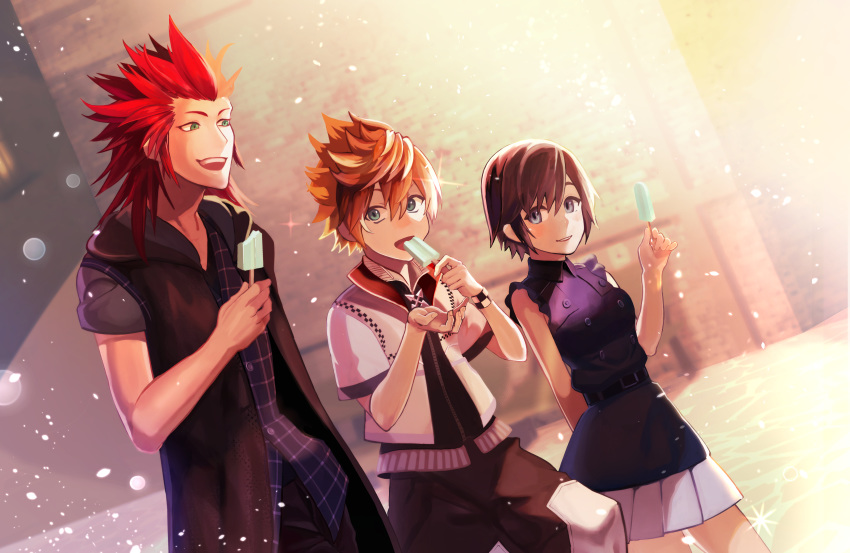 1999420019tk 1girl 2boys absurdres axel_(kingdom_hearts) black_hair blonde_hair food highres ice_cream kingdom_hearts kingdom_hearts_iii lens_flare multiple_boys open_mouth popsicle popsicle_stick redhead roxas skirt smile sparkle spiky_hair sunlight walking xion_(kingdom_hearts)