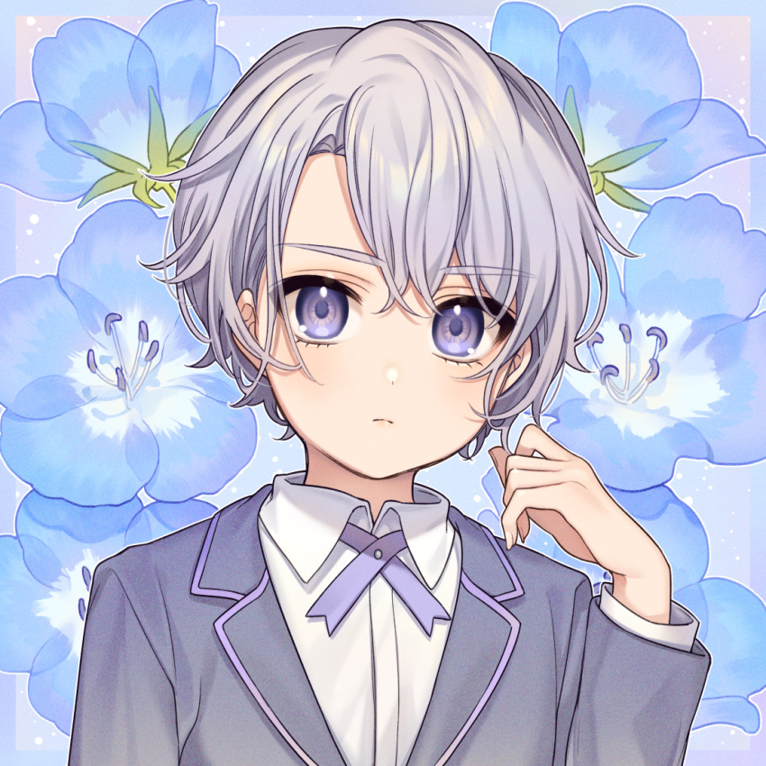 1boy bangs blue_flower blush closed_mouth collared_shirt commentary dress_shirt eyebrows_visible_through_hair floral_background flower grey_jacket hair_between_eyes hand_up jacket karokuchitose long_sleeves looking_at_viewer male_focus nemophila_(flower) original shirt silver_hair solo upper_body violet_eyes white_shirt