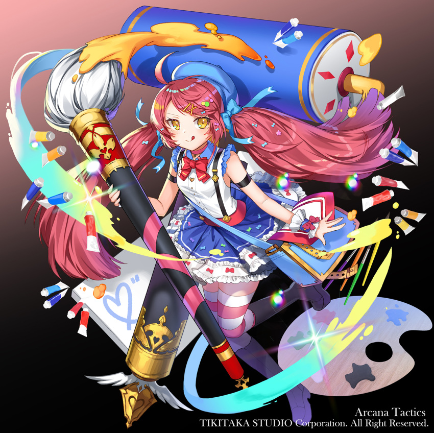 1girl apple_caramel arcana_tactics armband black_background black_footwear blue_ribbon blue_skirt boots bow breasts brush company_name copyright_name hair_ribbon highres knee_boots official_art oversized_object paint palette pen pink_hair pink_legwear red_bow ribbon shirt skirt sleeveless sleeveless_shirt small_breasts striped striped_legwear suspenders thigh-highs tongue tongue_out yellow_eyes