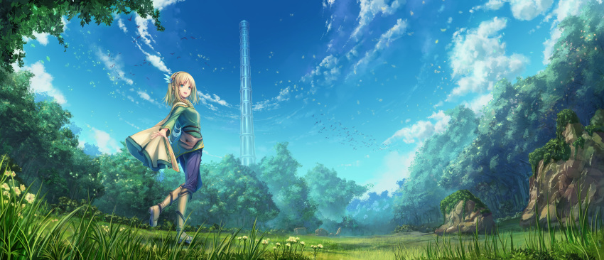 1girl :d aqua_eyes bangs bird blonde_hair blue_sky boots breasts cape clouds commentary_request earrings elf feathers flower forest from_side grass green_jacket hair_feathers hairband highres jacket jewelry keena_(leadale_no_daichi_nite) knee_boots landscape leadale_no_daichi_nite leaf long_sleeves looking_at_viewer looking_to_the_side medium_breasts medium_hair nature novel_illustration official_art open_mouth outdoors outstretched_arms pants pointy_ears pouch rock sidelocks sky smile solo spread_arms standing standing_on_one_leg tenmaso tower upper_teeth wide_shot
