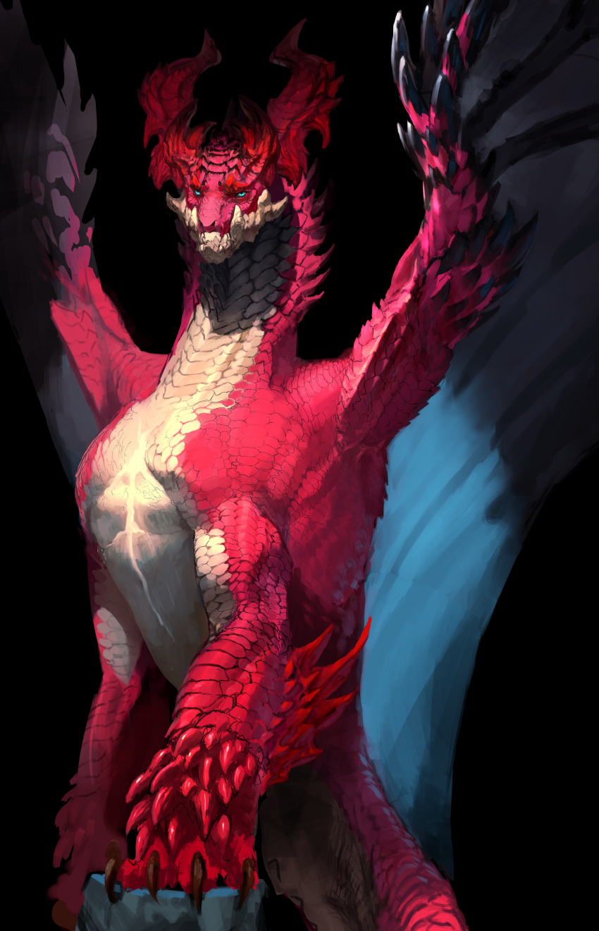 absurdres aqua_eyes black_background claws closed_mouth dachi_mahi dragon highres muscle no_humans original scales simple_background slit_pupils
