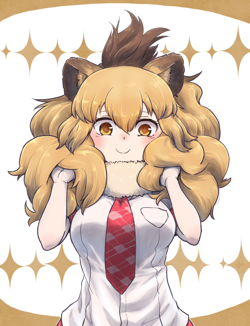 1girl animal_ears bare_arms big_hair blonde_hair breast_pocket brown_hair c: closed_mouth commentary_request fur_collar hair_between_eyes hands_in_hair hands_up highres kemono_friends kotobukkii_(yt_lvlv) lion_(kemono_friends) lion_ears looking_at_viewer multicolored_hair necktie pocket red_neckwear shirt short_sleeves smile solo two-tone_hair upper_body yellow_eyes