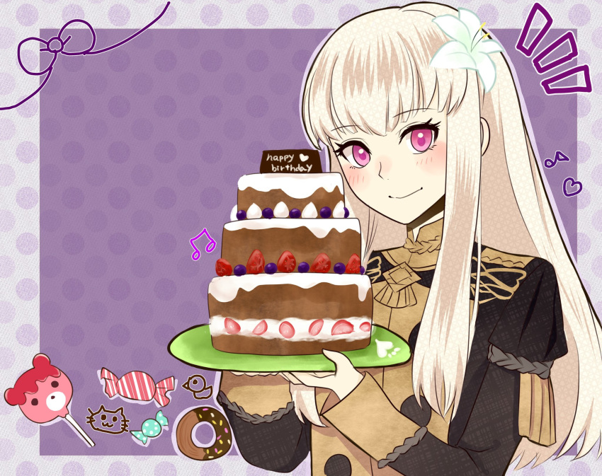 1girl cake candy closed_mouth doughnut fire_emblem fire_emblem:_three_houses flower food fruit garreg_mach_monastery_uniform hair_flower hair_ornament happy_birthday highres holding long_hair long_sleeves lysithea_von_ordelia otokajife pink_eyes plate simple_background smile solo strawberry uniform upper_body white_hair