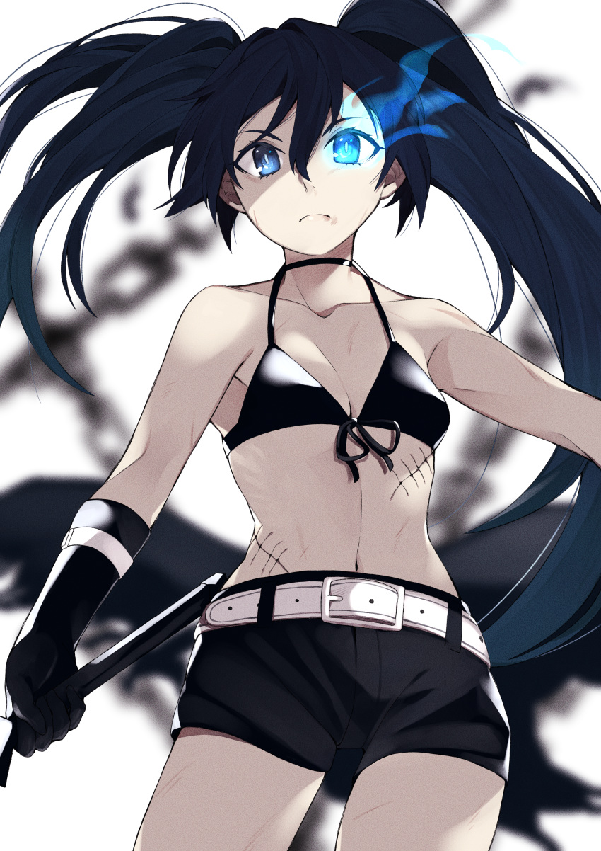 1girl absurdres belt bikini_top black_bikini_top black_gloves black_hair black_rock_shooter black_rock_shooter_(character) black_shorts blue_eyes breasts closed_mouth collarbone gloves glowing glowing_eye highres kamekiti long_hair looking_at_viewer navel scar shorts small_breasts solo twintails white_belt