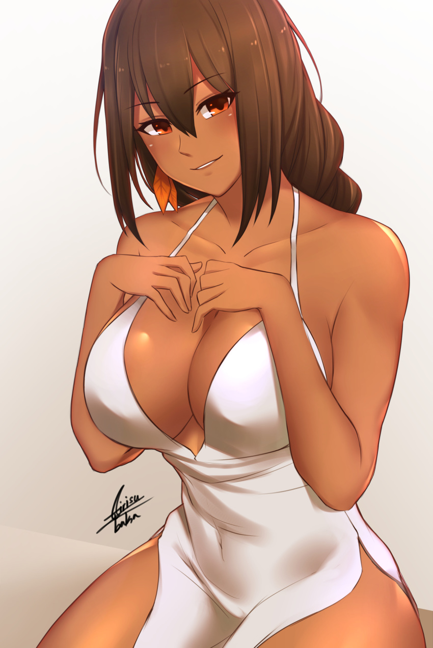 1girl airisubaka artist_name azur_lane bangs bare_shoulders breasts brown_eyes brown_hair collarbone commentary dark_skin dress english_commentary eyebrows_visible_through_hair gradient gradient_background grey_background hair_between_eyes hands_on_own_chest highres large_breasts long_hair looking_at_viewer parted_lips side_slit signature simple_background smile solo south_dakota_(azur_lane) white_dress