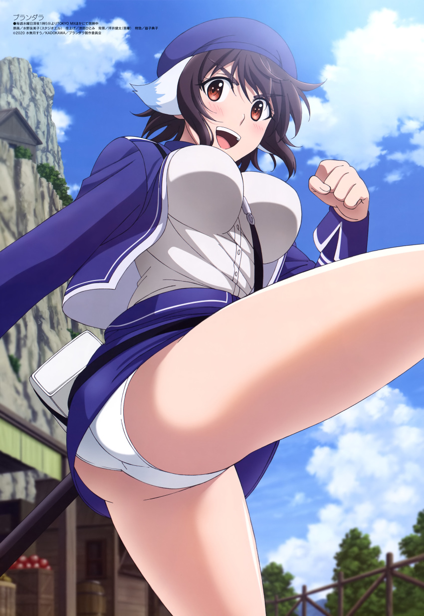 1girl :d absurdres ass bangs bare_legs beige_shirt beret blue_headwear blue_jacket blue_skirt blue_sky breasts brown_hair building buttons clenched_hand cliff clouds day eyebrows_visible_through_hair fence hat highres jacket kicking large_breasts long_sleeves lyne_mei_(plunderer) miniskirt official_art open_mouth outdoors panties plunderer shrug_(clothing) skirt skirt_lift sky smile solo underwear white_panties wooden_fence