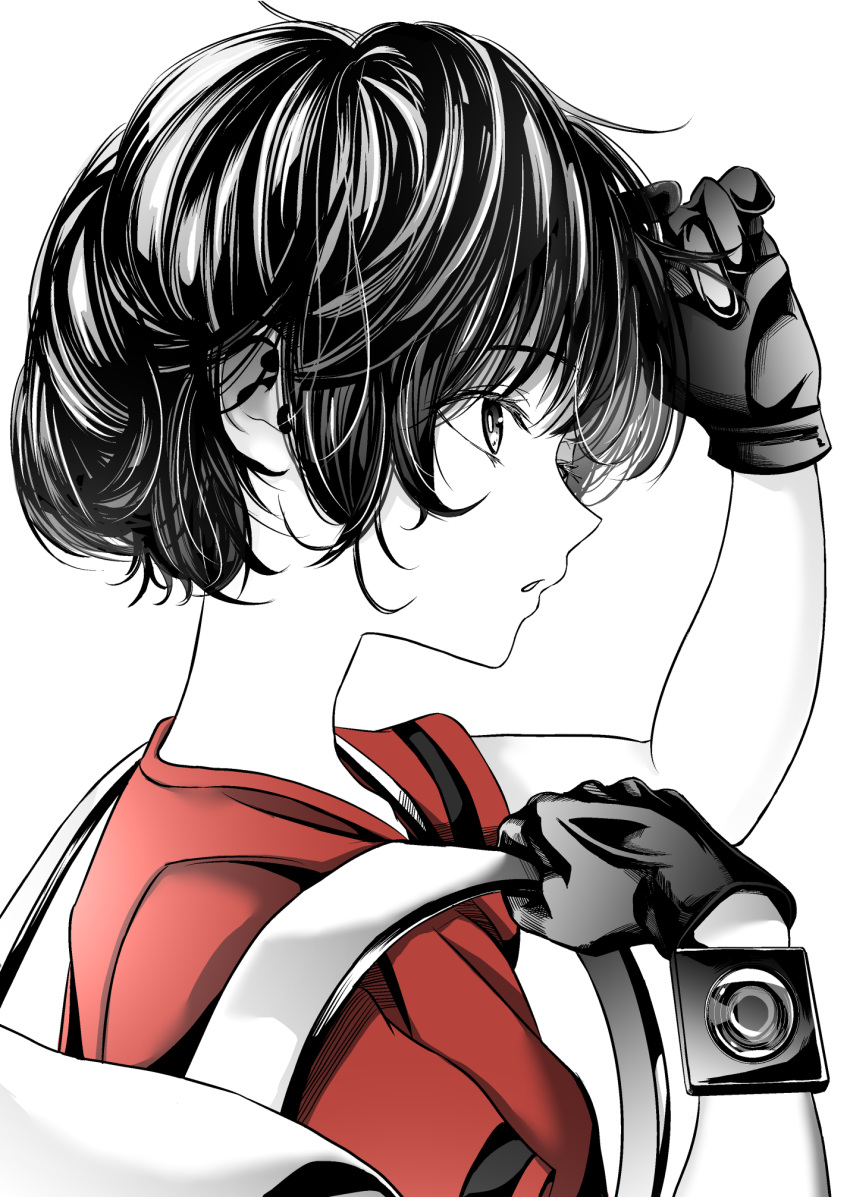 1girl akegata_tobari bangs from_side gloves greyscale hand_in_hair highres kaban_(kemono_friends) kemono_friends monochrome parted_lips partially_colored profile red_shirt shirt short_hair short_sleeves solo upper_body wavy_hair