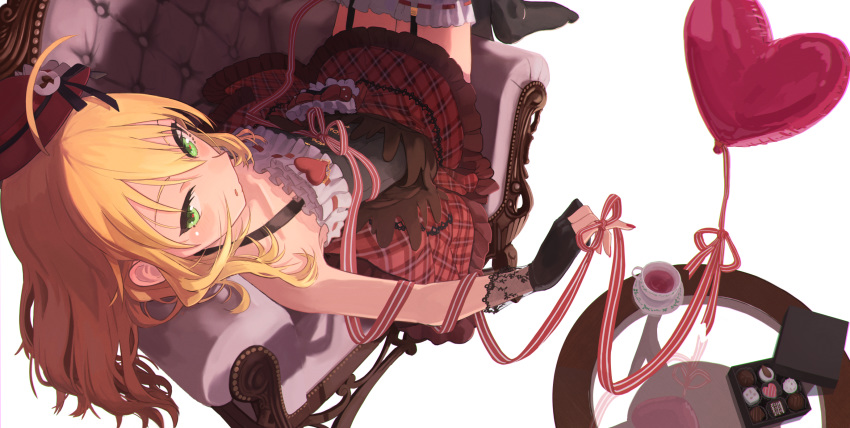 1girl ahoge armpits balloon black_gloves blonde_hair blush chair dress epitaph_(1122) from_above garter_straps glass_table gloves green_eyes hat highres hoshii_miki idolmaster idolmaster_(classic) long_hair looking_at_viewer lying nail_polish on_back on_chair parted_lips partly_fingerless_gloves red_dress red_headwear red_nails simple_background sleeveless solo table thigh-highs white_background