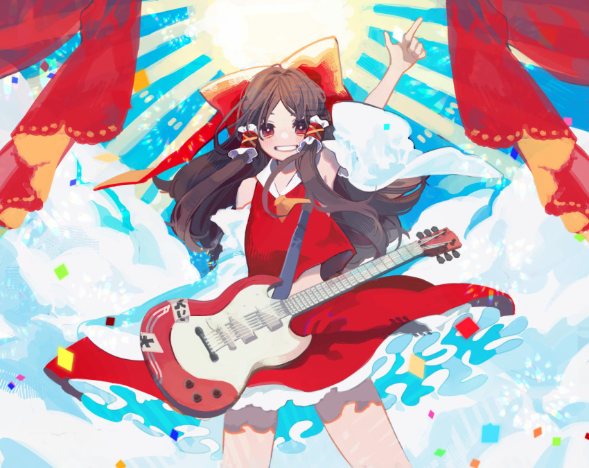 1girl arm_up blue_background blush bow brown_hair clouds confetti cowboy_shot curtains detached_sleeves electric_guitar frills grin guitar hair_bow hair_tubes hakurei_reimu highres instrument long_hair looking_at_viewer pointing pointing_up red_bow red_eyes red_shirt red_skirt shirt skirt smile solo sparkle sun sunburst takushiima touhou wide_sleeves wind yellow_neckwear