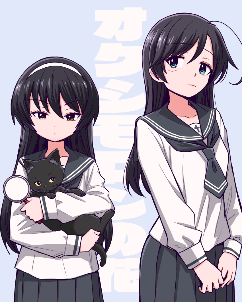 2girls absurdres ahoge alternate_costume animal background_text bangs black_cape black_eyes black_hair black_neckwear black_skirt blouse blue_background brown_eyes cape closed_mouth commentary_request cover cover_page frown girls_und_panzer hairband highres holding holding_animal hone_(honehone083) isuzu_hana long_hair long_sleeves looking_at_viewer magnifying_glass multiple_girls neckerchief novel_cover partial_commentary pleated_skirt reizei_mako school_uniform serafuku skirt standing translated white_blouse white_hairband