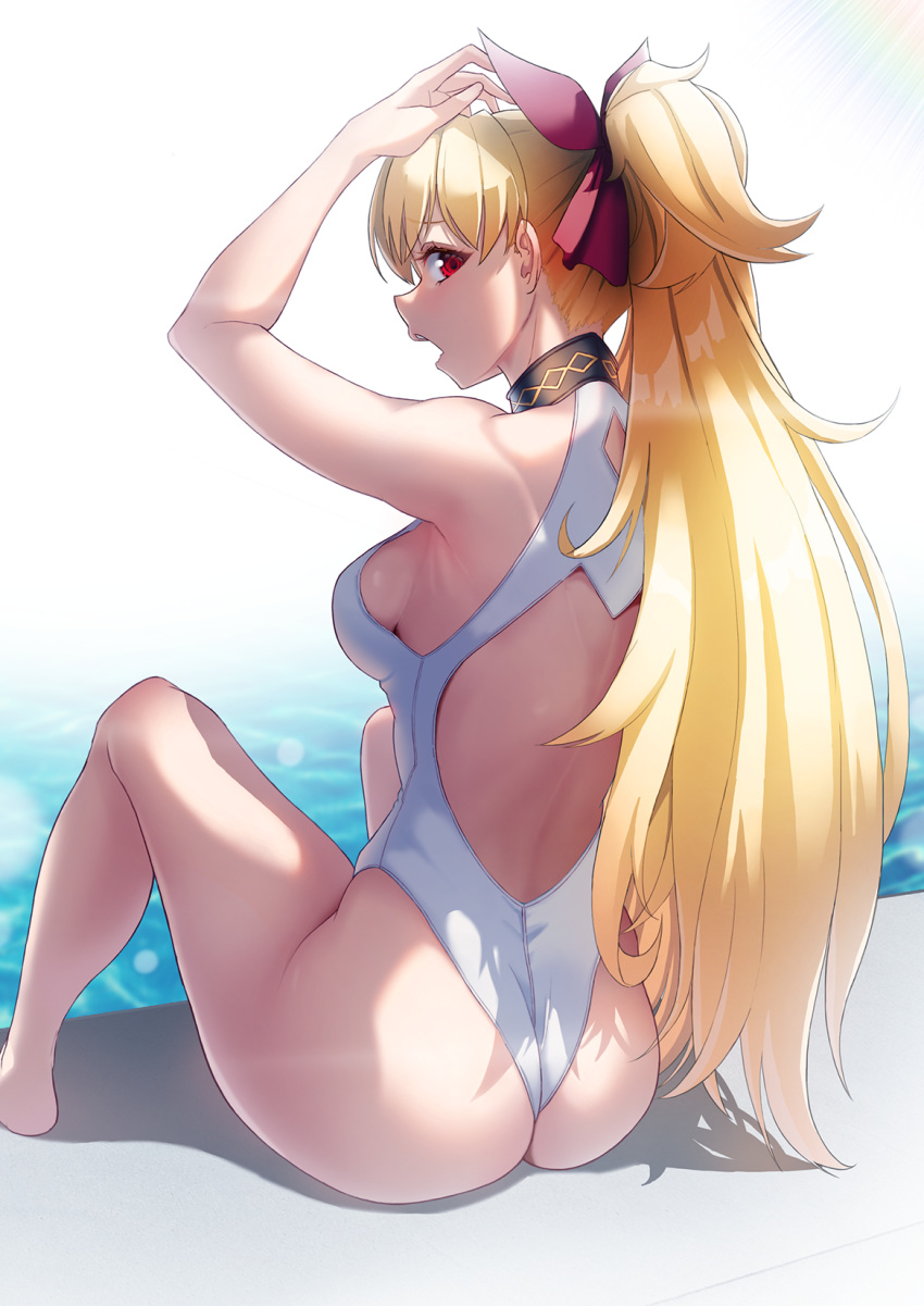 1girl alternate_hairstyle arm_up ass back bangs bare_arms bare_legs bare_shoulders blonde_hair blush breasts commentary_request competition_swimsuit day ereshkigal_(fate/grand_order) eyebrows_visible_through_hair fate/grand_order fate_(series) from_behind hair_up happymonk highleg highleg_swimsuit highres kneeling long_hair looking_at_viewer looking_back one-piece_swimsuit open_mouth outdoors ponytail poolside red_eyes sideboob solo swimsuit thighs very_long_hair wedgie