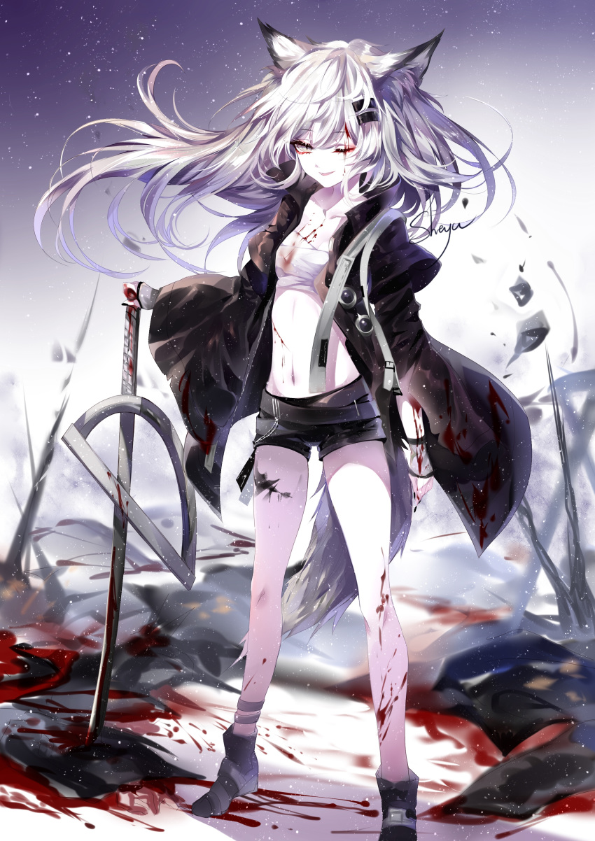 1girl ;d absurdres animal_ear_fluff animal_ears arknights artist_name bandages bandeau bangs bare_legs black_footwear black_jacket black_shorts blood boots collarbone eyebrows_visible_through_hair floating_hair gradient gradient_background grey_background grey_eyes hair_ornament hairclip high_collar highres jacket juliet_sleeves lappland_(arknights) long_hair long_sleeves looking_at_viewer midriff navel one_eye_closed open_clothes open_jacket open_mouth planted_sword planted_weapon puffy_sleeves sarashi sheya short_shorts shorts signature silver_hair smile solo standing stomach sword thighs weapon wide_sleeves wolf_ears