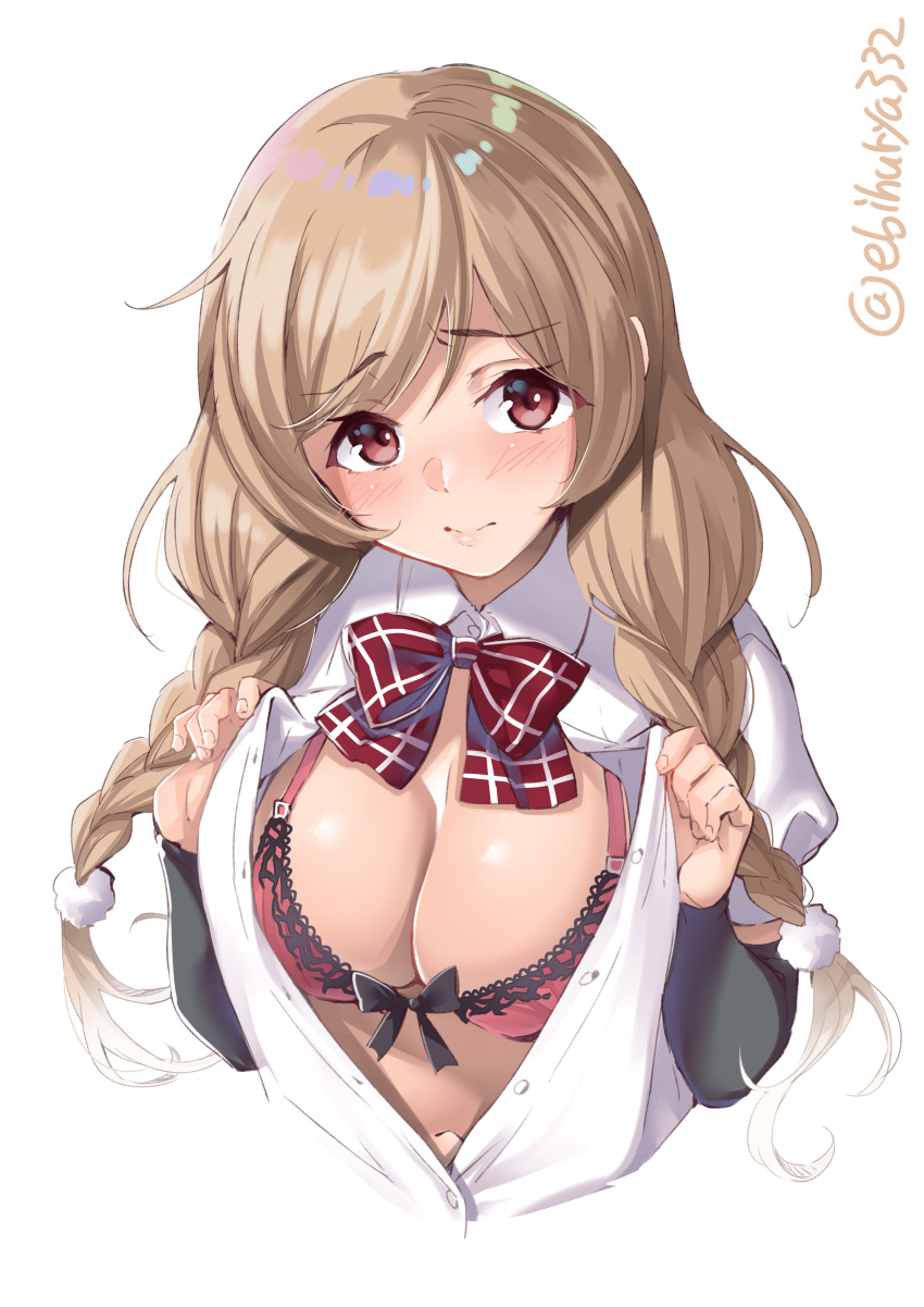 1girl absurdres arm_warmers blush bow bowtie bra breasts buttons cropped_torso ebifurya enty_reward eyebrows_visible_through_hair highres kantai_collection large_breasts light_brown_hair long_hair minegumo_(kantai_collection) navel open_clothes open_shirt paid_reward pink_bra red_bow red_eyes red_neckwear shirt simple_background solo twintails twitter_username underwear white_background white_shirt