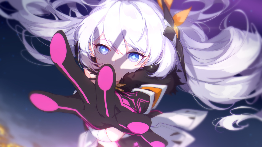 1girl absurdres bangs blue_eyes diamond-shaped_pupils elbow_gloves eyebrows_visible_through_hair fur_collar gloves hair_between_eyes hair_ornament highres honkai_(series) honkai_impact_3rd kiana_kaslana kiana_kaslana_(herrscher_of_the_void) long_hair looking_at_viewer silver_hair slyvia solo symbol-shaped_pupils twintails very_long_hair