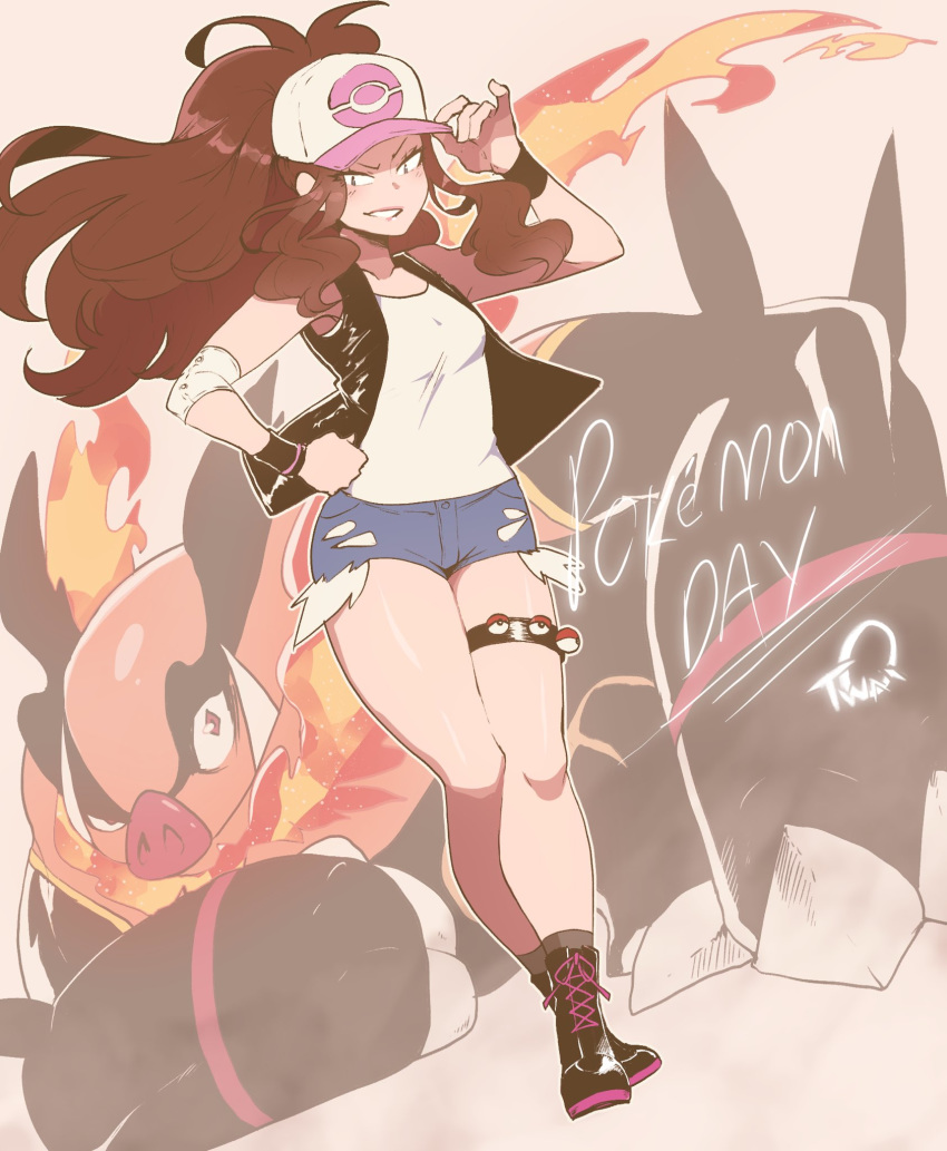 1girl adjusting_clothes adjusting_hat ankle_boots baseball_cap blue_eyes boots breasts brown_hair commentary denim denim_shorts emboar english_commentary exposed_pocket gen_5_pokemon hand_on_hip hat high_ponytail highres long_hair nyantcha open_clothes open_vest poke_ball poke_ball_(generic) pokemon pokemon_(creature) pokemon_(game) pokemon_bw short_shorts shorts single_elbow_pad sleeveless small_breasts socks solo_focus thigh_strap thighs touko_(pokemon) vest
