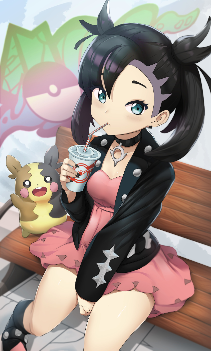 1girl absurdres alternate_hair_ornament aqua_eyes asymmetrical_bangs asymmetrical_hair bangs bench black_hair black_jacket black_nails black_ribbon breasts choker commentary_request dress drinking drinking_straw earrings gen_8_pokemon hair_ribbon highres jacket jewelry long_hair long_sleeves looking_at_viewer mary_(pokemon) medium_breasts morpeko morpeko_(full_belly) open_clothes pink_dress pokemon pokemon_(game) pokemon_swsh ribbon sitting syronxx twintails