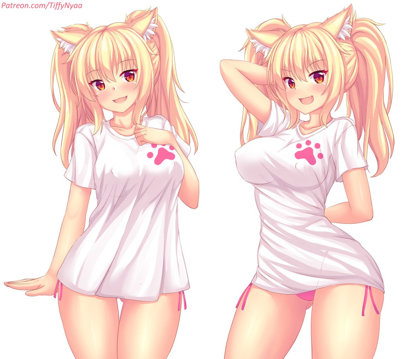 1girl animal_ear_fluff animal_ears ass_visible_through_thighs bangs blonde_hair blush breasts cat_ears english_commentary eyebrows_visible_through_hair fang fast-runner-2024 highres large_breasts long_hair looking_at_viewer no_pants open_mouth original panties pink_panties red_eyes shirt side-tie_panties slit_pupils solo t-shirt tiffy_(fast-runner-2024) tight_shirt twintails underwear