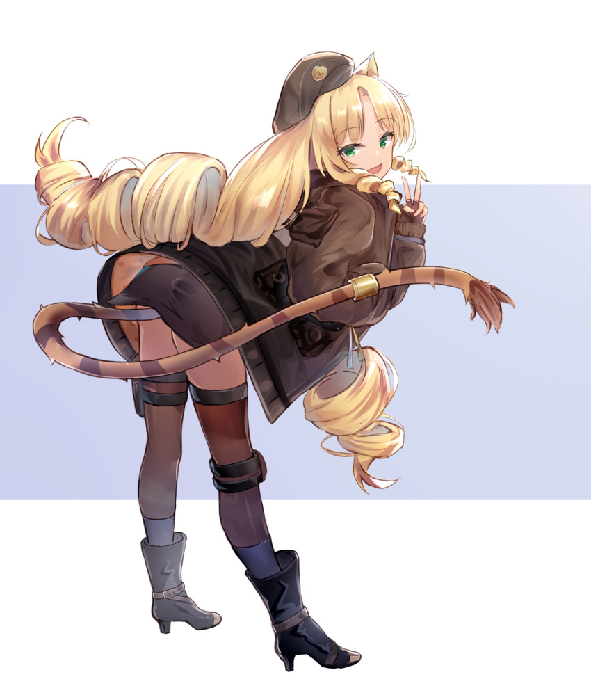 1girl animal_ears arknights bangs bent_over black_footwear blonde_hair boots brown_jacket brown_legwear drill_hair eric_(tianqijiang) eyebrows_visible_through_hair fingerless_gloves full_body gloves green_eyes hat high_heel_boots high_heels highres jacket long_hair long_sleeves looking_at_viewer miniskirt open_mouth parted_bangs peaked_cap quad_drills skirt skirt_lift smile standing swire_(arknights) tail tail_lift thigh-highs tiger_ears tiger_girl tiger_tail v very_long_hair