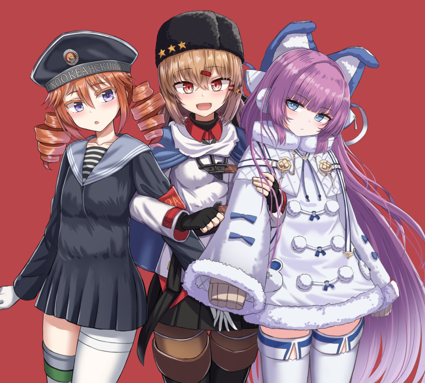 3girls armband azur_lane bangs blush breasts brown_hair closed_mouth clothes_writing crossover dress drill_hair earmuffs eyebrows_visible_through_hair fingerless_gloves fur_trim gloves hair_between_eyes hair_ornament hairclip hat highres kantai_collection long_hair long_sleeves multiple_girls namesake open_mouth orange_hair papakha pom_pom_(clothes) purple_hair rabochicken red_background sailor_collar sailor_dress scarf shawl simple_background skirt sleeves_past_fingers sleeves_past_wrists star tashkent_(azur_lane) tashkent_(kantai_collection) tashkent_(warship_girls_r) thigh-highs twin_drills warship_girls_r white_scarf