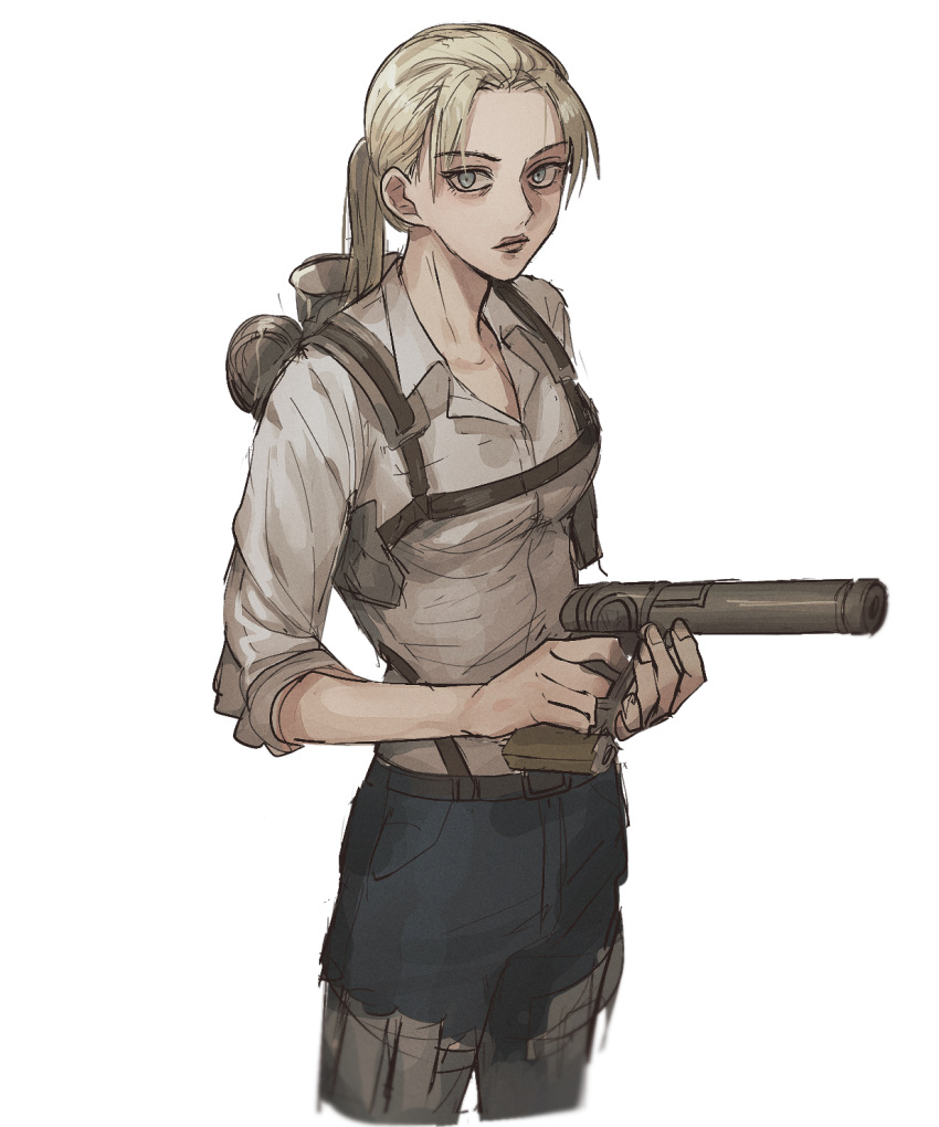 1girl belt blonde_hair blue_eyes breasts denim eyebrows_visible_through_hair gun highres holding holding_gun holding_weapon jeans lipstick looking_at_viewer makeup pants pi0w0pi ponytail shingeki_no_kyojin shirt short_hair shotgun simple_background solo thigh_strap three-dimensional_maneuver_gear traute_caven weapon white_background