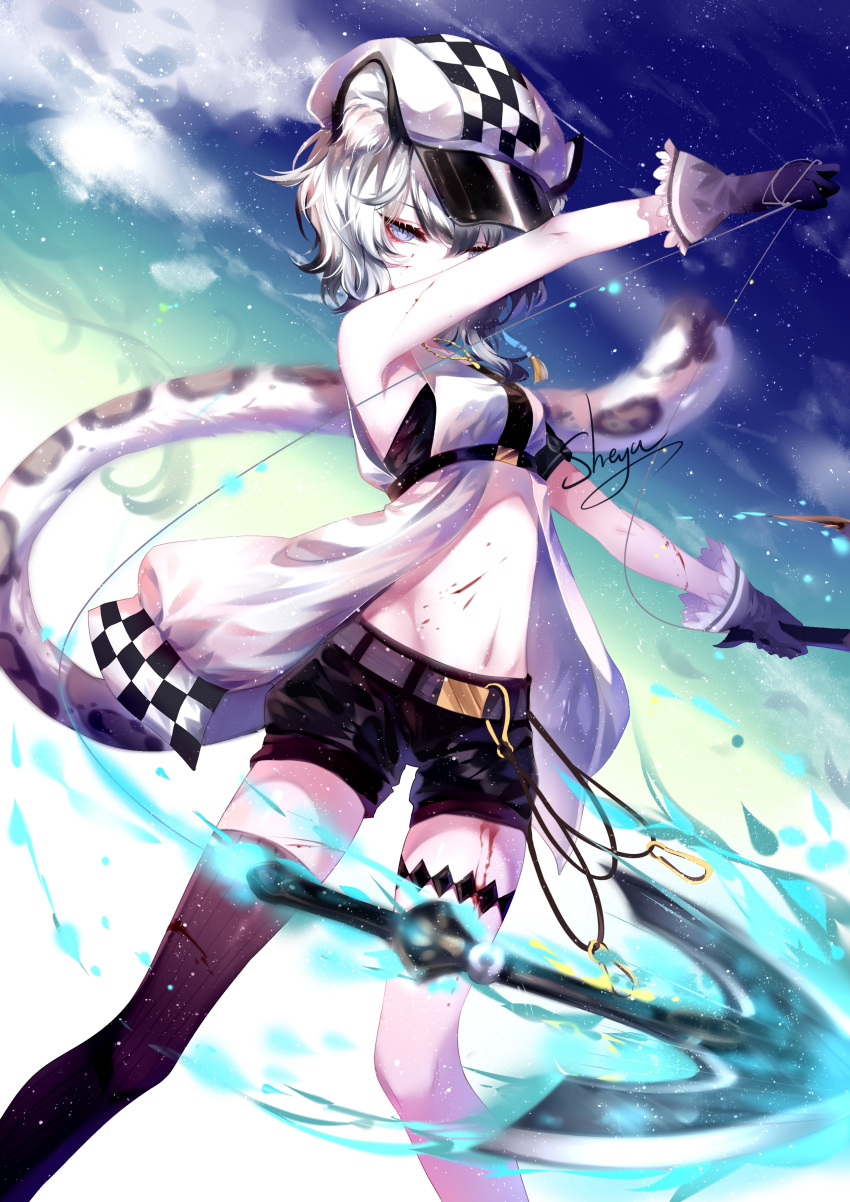 1girl absurdres animal_ear_fluff animal_ears arknights arm_up artist_name bandeau bangs bare_arms bare_shoulders beret black_hair black_legwear black_shorts blue_eyes checkered cliffheart_(arknights) clouds dress feet_out_of_frame gloves gradient_hair grey_gloves hair_between_eyes hat highres leopard_ears leopard_tail looking_at_viewer midriff multicolored_hair navel night night_sky outdoors sheya short_hair short_shorts shorts signature silver_hair single_thighhigh sky sleeveless sleeveless_dress solo stomach strapless tail thigh-highs thighs tubetop upper_body white_dress white_headwear