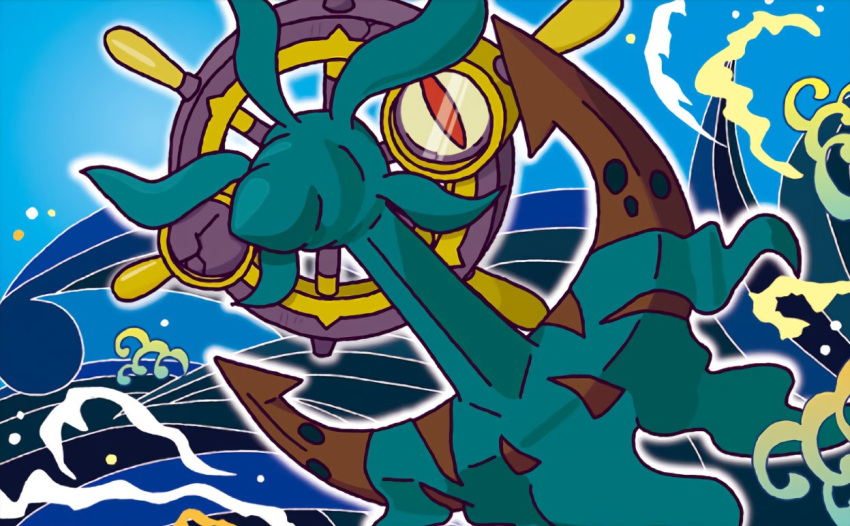 anchor blue_sky brown_eyes creature day dhelmise full_body gen_7_pokemon looking_at_viewer no_humans ocean official_art outdoors outline pokemon pokemon_(creature) pokemon_trading_card_game sky solo third-party_source umemoto_kyouko water waves white_outline