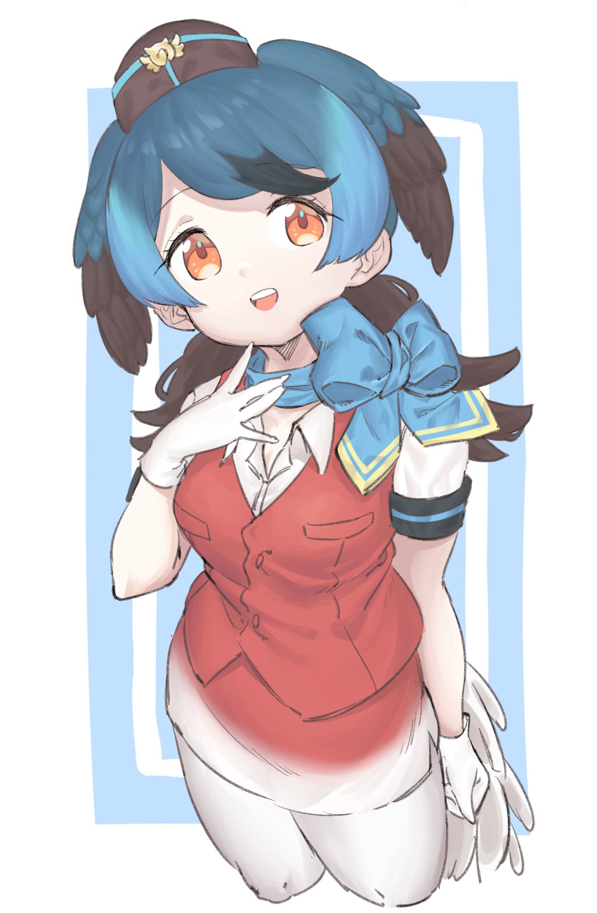 1girl absurdres bird_girl bird_tail bird_wings black_hair black_headwear blue_hair blue_scarf bow collared_shirt eyebrows_visible_through_hair garrison_cap gloves gradient_skirt hand_on_own_chest hat head_wings highres kemono_friends kona_ming long_hair multicolored multicolored_clothes multicolored_hair multicolored_skirt open_mouth orange_eyes pantyhose passenger_pigeon_(kemono_friends) pencil_skirt ponytail red_skirt red_vest scarf scarf_bow shirt short_sleeves skirt solo vest white_gloves white_legwear white_shirt white_skirt wings