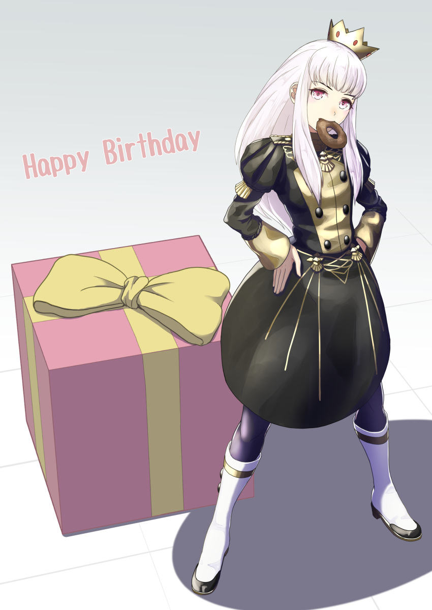 1girl absurdres blue_legwear boots box crown doughnut fire_emblem fire_emblem:_three_houses food food_in_mouth full_body garreg_mach_monastery_uniform gift gift_box gzo1206 happy_birthday highres knee_boots long_hair long_sleeves lysithea_von_ordelia pink_eyes simple_background solo uniform white_hair