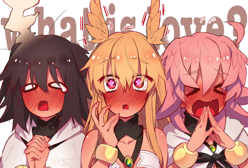 &gt;o&lt; 3girls animal_ears bangs black_hair blush bracelet cloak english_text eyebrows_visible_through_hair fate/grand_order fate_(series) flying_sweatdrops full-face_blush hair_between_eyes hands_together highres hildr_(fate/grand_order) hood hooded_cloak jewelry long_hair looking_at_viewer mithurugi-sugar multiple_girls ortlinde_(fate/grand_order) pink_hair tears thrud_(fate/grand_order) translated valkyrie_(fate/grand_order)