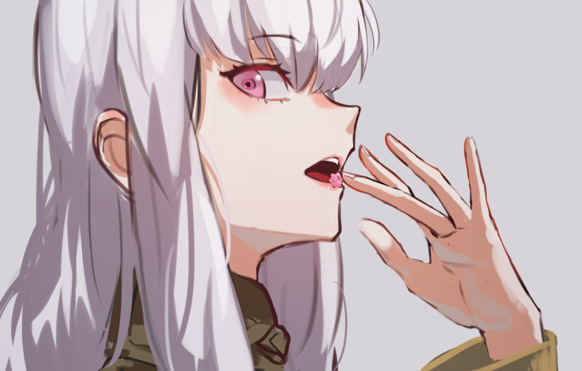 1girl eating fire_emblem fire_emblem:_three_houses from_side grey_background highres long_hair long_sleeves looking_to_the_side lysithea_von_ordelia oone0206 open_mouth pink_eyes simple_background solo upper_body white_hair
