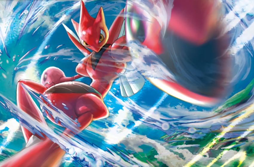 anesaki_dynamic blue_sky brown_eyes clouds cloudy_sky creature day gen_2_pokemon looking_at_viewer no_humans official_art outdoors pokemon pokemon_(creature) pokemon_trading_card_game scizor sky solo third-party_source