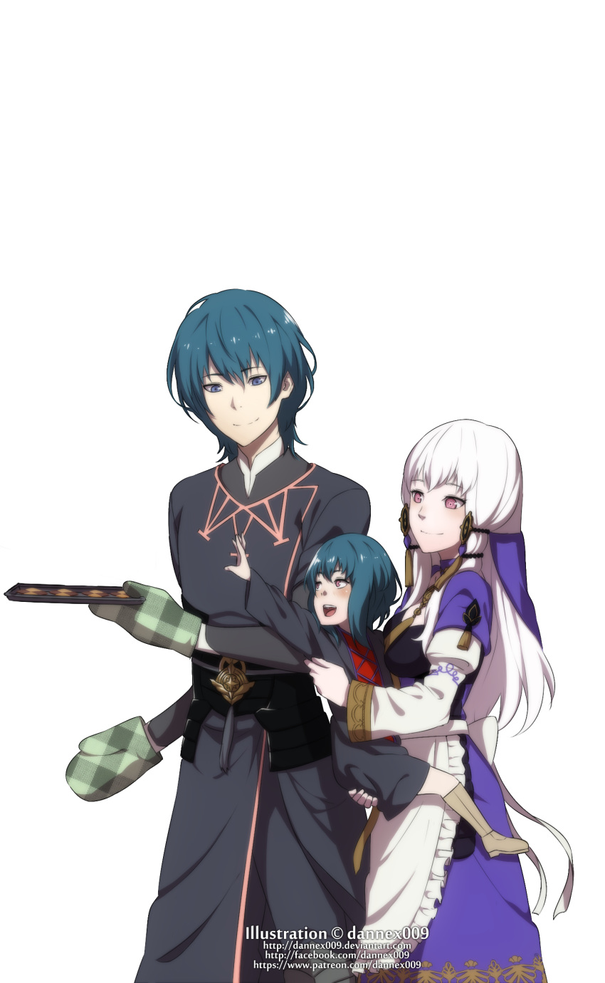 1boy 2girls :d apron armor baking_sheet blue_eyes blue_hair boots byleth_(fire_emblem) byleth_eisner_(male) child coat cookie dannex009 dress family fire_emblem fire_emblem:_three_houses food hair_ornament highres long_hair long_sleeves lysithea_von_ordelia multiple_girls open_mouth outstretched_arm oven_mitts pink_eyes purple_dress short_hair sidelocks smile tassel veil white_hair wide_sleeves
