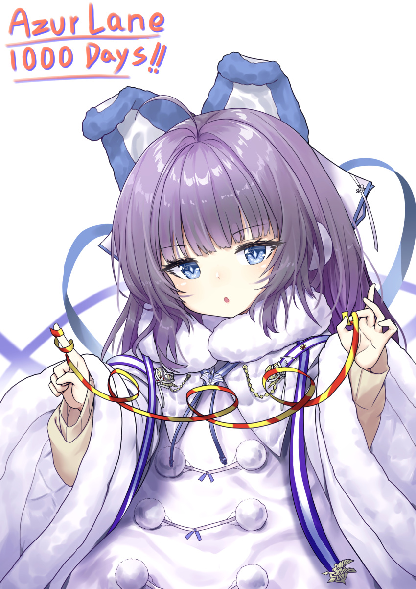 1girl absurdres animal_ears azur_lane blue_eyes blush dress earmuffs eyebrows_visible_through_hair fake_animal_ears fur_trim hair_ornament hair_ribbon highres long_hair long_sleeves looking_at_viewer pg_(pege544) purple_hair ribbon solo sweater tashkent_(azur_lane) very_long_hair white_coat winter_clothes