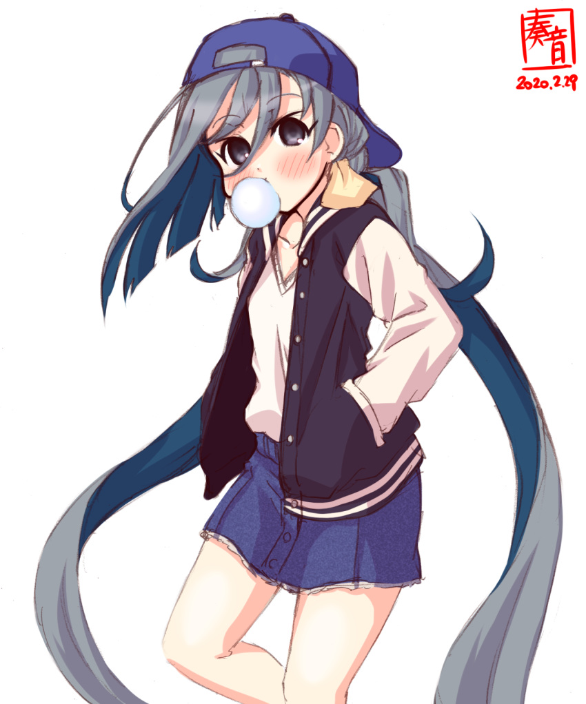 1girl ahoge alternate_costume artist_logo backwards_hat baseball_cap blue_headwear blue_skirt bubble_blowing chewing_gum commentary_request dated denim denim_skirt grey_eyes grey_hair hair_between_eyes hair_bun hands_in_pockets hat highres jacket kanon_(kurogane_knights) kantai_collection kiyoshimo_(kantai_collection) letterman_jacket long_hair looking_at_viewer low_twintails simple_background skirt solo twintails two-tone_jacket white_background