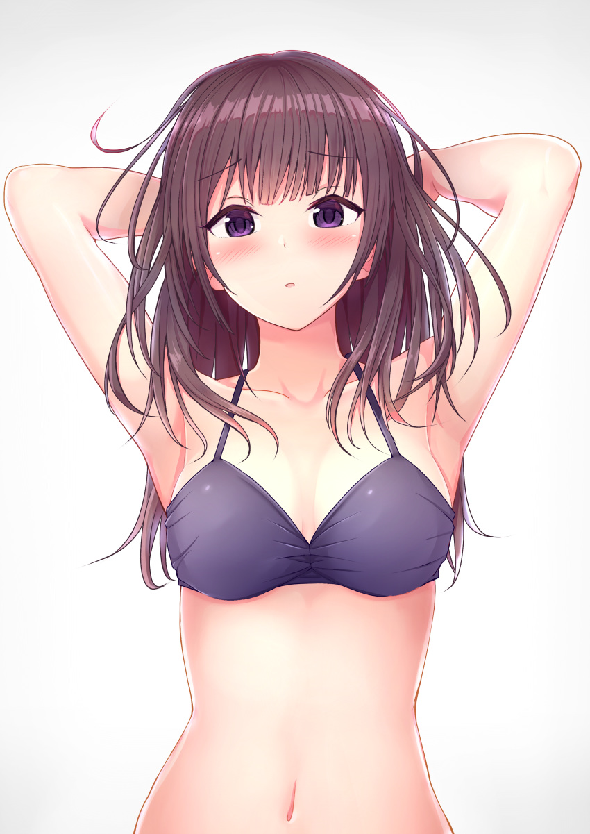 1girl absurdres armpits arms_behind_head bangs bikini bikini_top blush breasts brown_hair collarbone eyebrows_visible_through_hair halterneck highres karikura_(atatata71) long_hair looking_at_viewer navel open_mouth original purple_bikini shiny shiny_hair sideboob solo swimsuit upper_body violet_eyes white_background