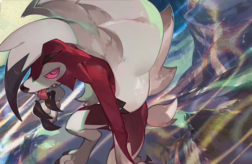claws creature feet_out_of_frame gen_7_pokemon lycanroc lycanroc_(midnight) no_humans official_art pink_eyes pokemon pokemon_(creature) pokemon_trading_card_game sharp_teeth so-taro solo standing teeth third-party_source tongue tongue_out