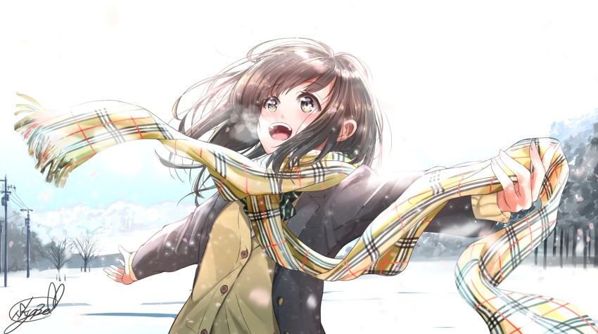1girl black_jacket blazer blue_sky blush bow bowtie breath brown_cardigan brown_eyes brown_hair cardigan clouds commentary_request day hair_blowing highres holding_scarf jacket leaning_back looking_up medium_hair open_clothes open_jacket open_mouth original outdoors outstretched_arms plaid plaid_scarf power_lines scarf school_uniform sky snow snowing solo soragane_(banisinngurei) spread_arms striped striped_neckwear telephone_pole tree upper_body upper_teeth wind winter