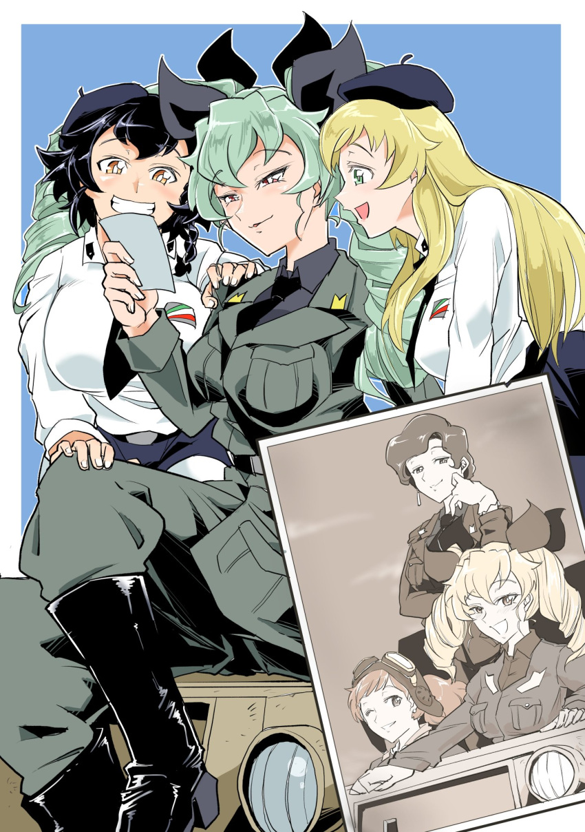 3girls anchovy_(girls_und_panzer) anzio_military_uniform anzio_school_uniform bangs belt beret black_belt black_hair black_headwear black_neckwear black_ribbon black_skirt blonde_hair blue_background boots braid brown_eyes carpaccio_(girls_und_panzer) commentary_request cover cover_page crossed_legs dress_shirt drill_hair emblem girls_und_panzer green_eyes green_hair grey_pants greyscale grin hair_ribbon half-closed_eyes hand_on_another's_shoulder hat highres holding_photo knee_boots kneeling leaning_forward long_hair long_sleeves miniskirt monochrome multiple_girls necktie novel_cover open_mouth pants pantyhose parted_bangs pepperoni_(girls_und_panzer) photo_(object) pleated_skirt red_eyes ribbon sam_browne_belt school_uniform shinkuukan_(tetsuo3) shirt short_hair side_braid sitting skirt smile twin_drills twintails white_legwear white_shirt younger