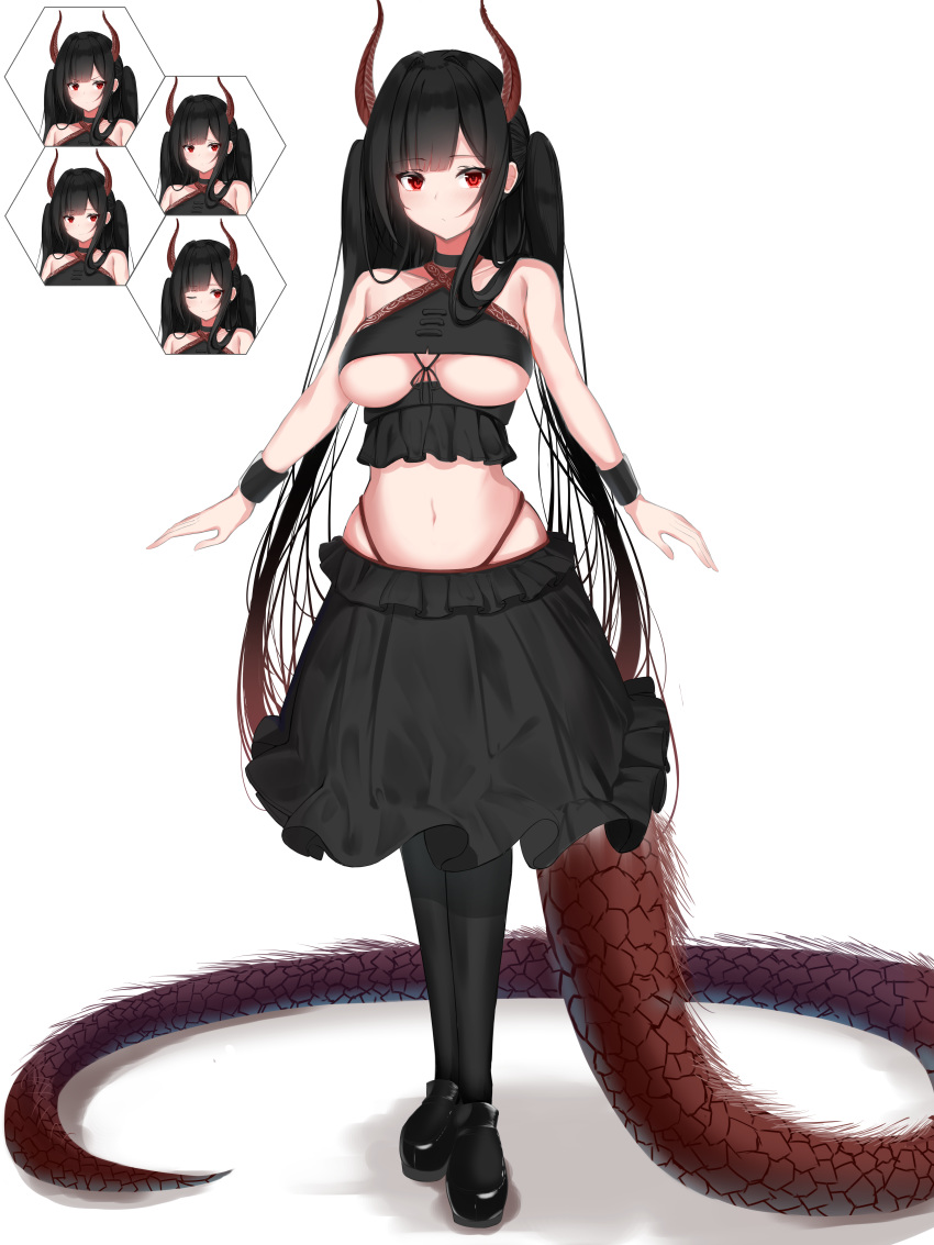 1girl absurdres bare_shoulders black_footwear black_hair black_legwear black_shirt black_skirt breasts choker closed_mouth collarbone criss-cross_halter crop_top dragon_horns dragon_tail expressions frown full_body gradient_hair halter_top halterneck highleg highres horns large_breasts large_tail long_hair looking_at_viewer midriff multicolored_hair navel nephthys2356 one_eye_closed original red_eyes scales shirt shoes sidelocks skindentation skirt sleeveless sleeveless_shirt smile solo standing stomach tail twintails under_boob v-shaped_eyebrows very_long_hair wristband