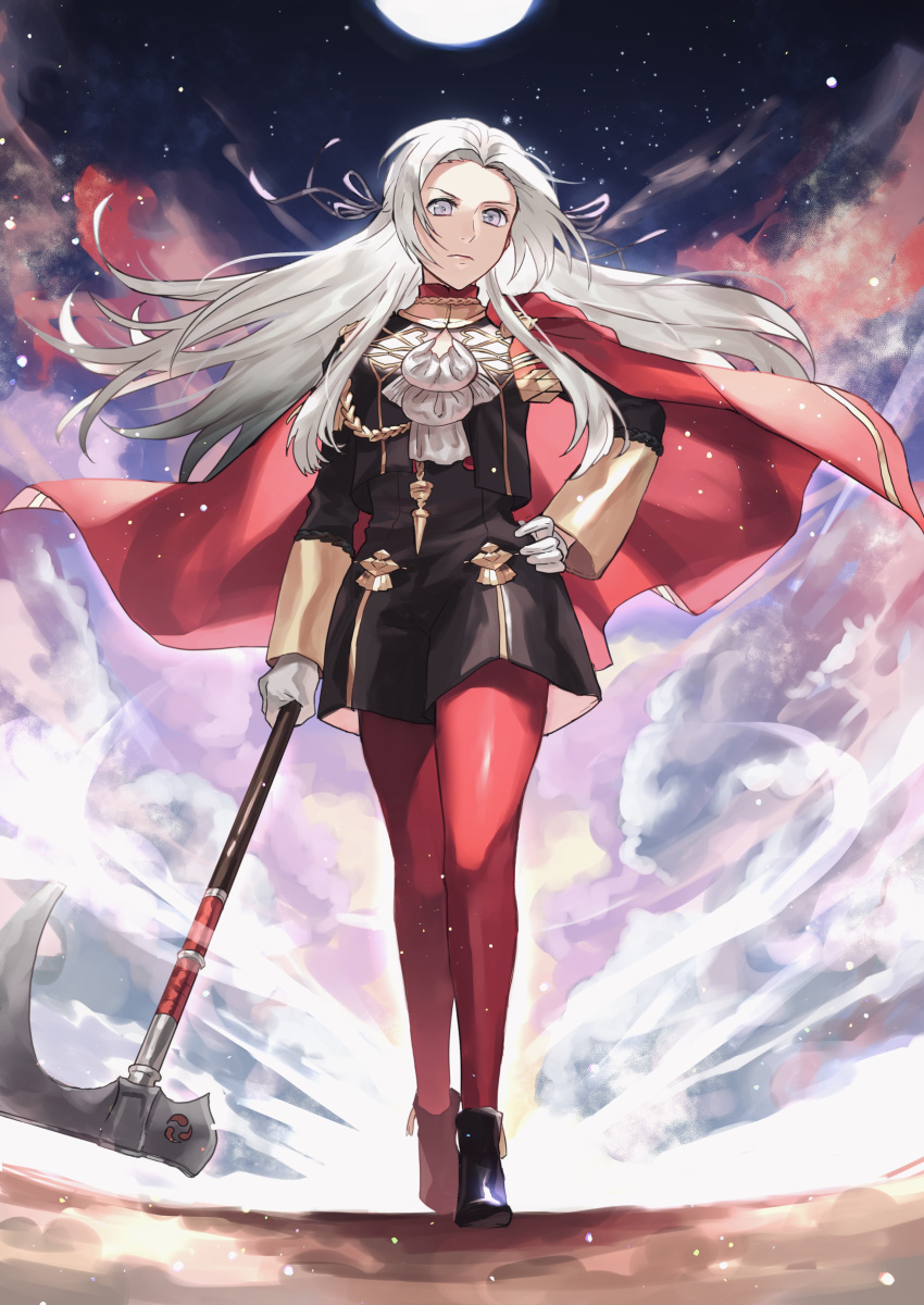 1girl absurdres aiguillette axe bangs black_footwear boots breasts cape edelgard_von_hresvelg fire_emblem fire_emblem:_three_houses floating_hair full_body garreg_mach_monastery_uniform gloves hair_ribbon hand_on_hip highres lavender_eyes lips long_hair long_sleeves looking_at_viewer moon night night_sky pantyhose parted_bangs red_cape red_legwear ribbon shiyo_(jkke5275) silver_hair sky small_breasts solo star_(sky) starry_sky straight_hair walking white_gloves