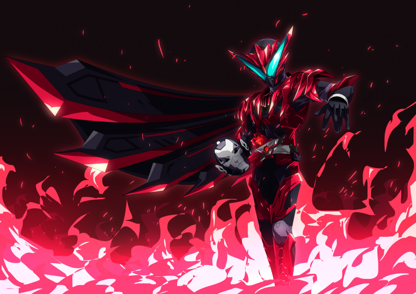 1boy absurdres black_background black_bodysuit body_armor bodysuit burning_falcon compound_eyes fire glowing_lines green_eyes highres holding holding_head humagear_headphones kamen_rider kamen_rider_01_(series) kamen_rider_jin large_wings otokamu red_armor rider_belt robot_ears single_wing tokusatsu wings