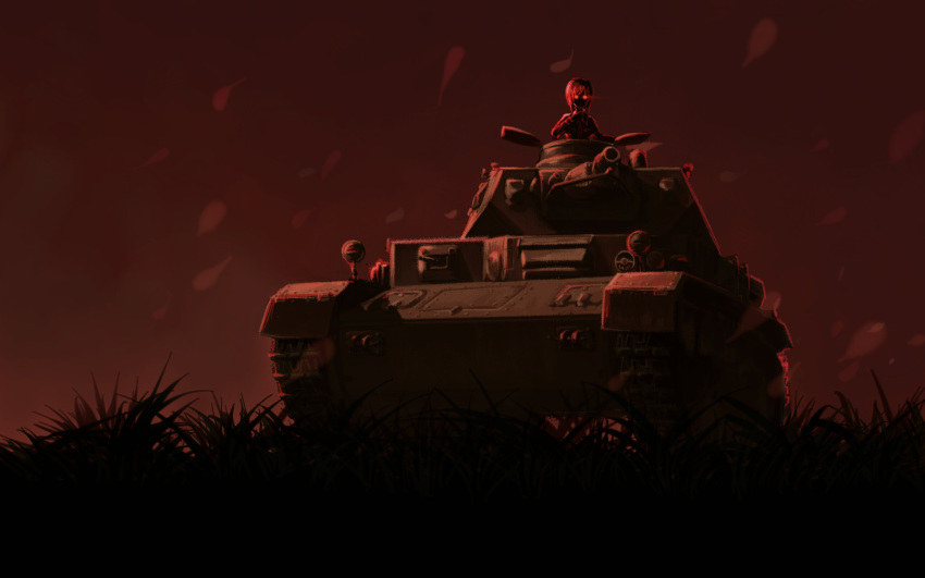 1girl caterpillar_tracks girls_und_panzer glowing glowing_eyes grass ground_vehicle hand_on_own_neck highres military military_vehicle motor_vehicle nishizumi_miho ooarai_military_uniform panzerkampfwagen_iv red_eyes school_uniform short_hair solo tank useless wide_shot