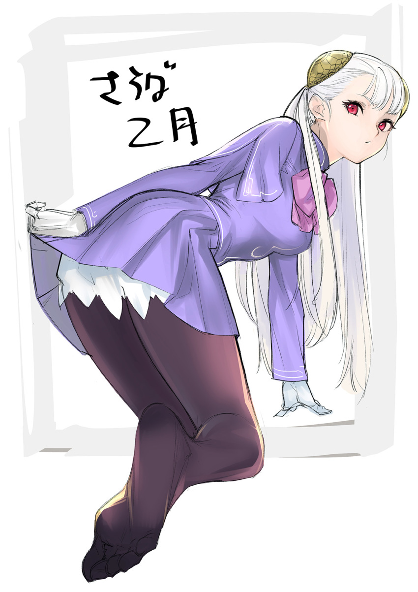 1girl albino bent_over black_legwear capcom_fighting_jam commentary_request dress gloves hairpods highres ingrid no_shoes pantyhose purple_dress red_eyes skirt skirt_lift soles solo tetsu_(kimuchi) translation_request white_gloves white_hair