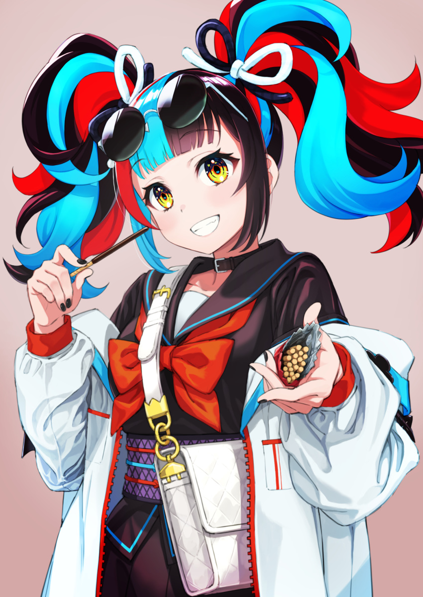 1girl :d bag bangs black_hair black_nails black_sailor_collar black_serafuku black_skirt blue_hair blunt_bangs blush bow buckle collar cowboy_shot eyebrows_visible_through_hair eyewear_on_head fate/grand_order fate_(series) food green_eyes grin hair_ribbon highres holding holding_food jacket long_sleeves looking_at_viewer multicolored_hair nail_polish obi off_shoulder open_clothes open_jacket open_mouth pink_background pocky pov red_bow red_neckwear ribbon sailor_collar sash school_uniform sei_shounagon_(fate) serafuku shoulder_bag sidelocks simple_background skirt smile solo sunglasses teeth tuchinokoeffect unzipped white_jacket zipper