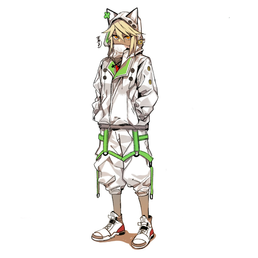 1girl animal_ears blonde_hair dark_skin fake_animal_ears guilty_gear hair_between_eyes hands_in_pockets highres jacket long_hair orange_eyes pants pants_rolled_up roas01b shoes signature simple_background sneakers solo standing white_background white_jacket zipper zipper_pull_tab