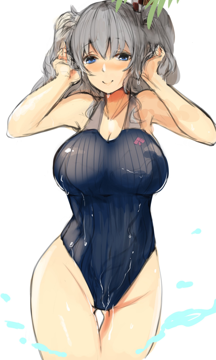 1girl absurdres ass_visible_through_thighs black_swimsuit blue_eyes breasts collarbone competition_swimsuit cowboy_shot highres kantai_collection kashima_(kantai_collection) large_breasts long_hair looking_at_viewer one-piece_swimsuit silver_hair smile solo standing striped striped_swimsuit swimsuit thigh_gap twintails wasavi_8 water wavy_hair wet wet_clothes wet_swimsuit